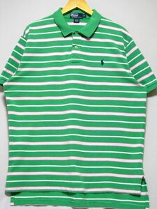 ＠美品 ラルフローレン Ralph Lauren 半袖ボーダーポロシャツRB446 XL アメリカ古着 POLO 緑Ｘ白Xピンク ビックサイズ