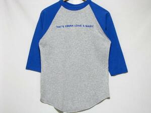 ＠美品 青×グレーラグランＴシャツt581 アメリカ古着 七分 ベースボールＴシャツ 小さい