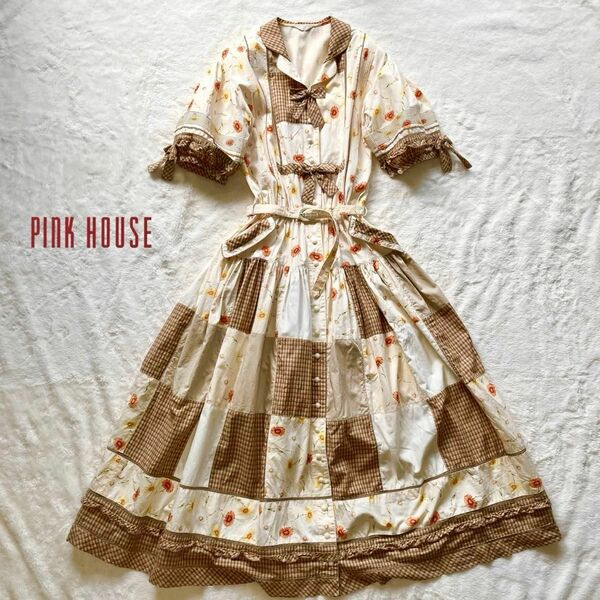 ピンクハウス 花柄リボンパッチワーク フレアロングワンピース ベルト付 Aライン PINK HOUSE