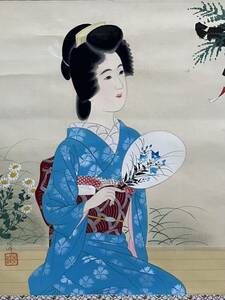 Art hand Auction [Authentique] Rai Shiho Portrait d'une beauté Vieux parchemin suspendu (kakejiku) Peinture japonaise en soie peinte à la main Peinture d'art Peinture de beauté Peinture antique Taille du noyau env. 34, 8 cm x 41, 5 cm Boîte incluse, Peinture, Peinture japonaise, personne, Bodhisattva