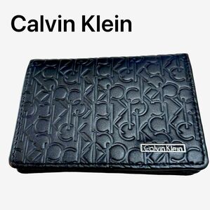 本牛革☆レザー☆カルバンクライン　名刺入れ　カード入れ　ロゴ型押し　総ロゴ　黒　ブラック　Calvin Klein カードケース