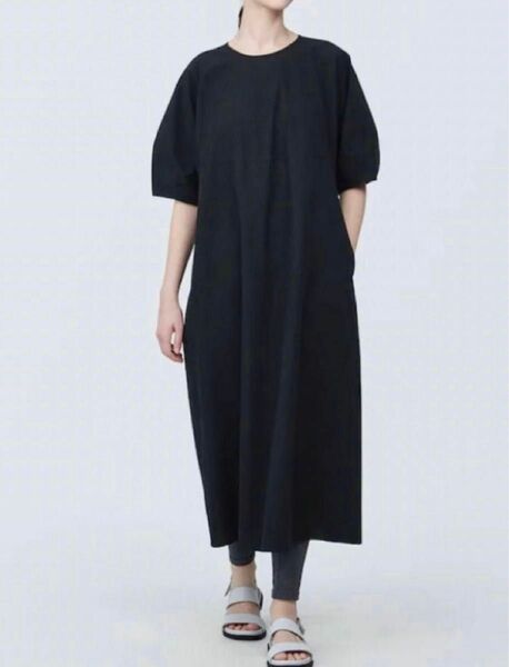 新品　無印良品　婦人　涼感　ブロードプルオーバー半袖ワンピース　ワンピース　半袖　プルオーバー　黒　XL ブラック
