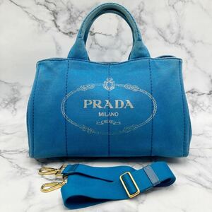 ◆【売り切り】PRADA プラダ カナパ 2WAYトートバッグ ブルー キャンバス レディース Mサイズ 