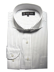21A02-1-Sサイズ 長袖 シャツ 簡単ケア ホリゾンタルカラー ワイシャツ ブラック 黒 ストライプ メンズ ビジネス