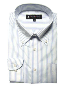 21A03-2-Mサイズ 長袖 シャツ 簡単ケア ボタンダウン ワイシャツ ブルー 青 ストライプ メンズ ビジネス