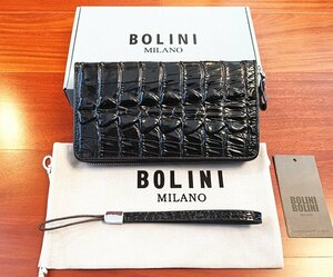 最高峰逸品*イタリア製※定価18万◆イタリア・ミラノ発*BOLINI/ボリニ・最上級牛革・クロコダイル*ラウンドファスナー 長財布・黒