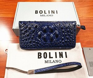 逸品*イタリア製※定価15万◆イタリア・ミラノ発*BOLINI/ボリニ・最上級牛革・クロコダイル*ラウンドファスナー 長財布・紺