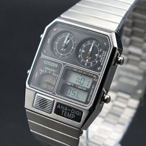 CITIZEN ANA-DIGI シチズン アナデジ 復刻モデル 8989-S116864 クォーツ クロノグラフ 温度計 スクエア 純正ブレス 箱付 メンズ腕時計