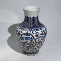 時代　染付釉裏紅　花鳥図　花瓶　/　時代物　中国美術　染付　釉裏紅　花器　壺　飾壺　.2051_画像2