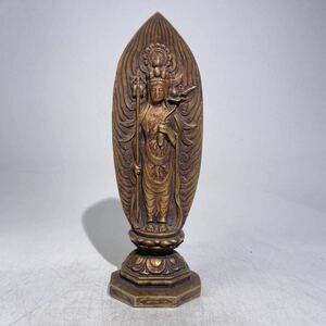 時代　観音菩薩像　置物　銅製　　/　時代物　仏教美術　銅　古銅　仏像　観音像　仏像彫刻　細密　古置物　.2076