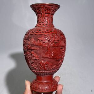 時代　堆朱　花瓶　小型　/　中国美術　唐物　漆芸　唐木　花器　壺　茶器　置物　煎茶飾　.2142