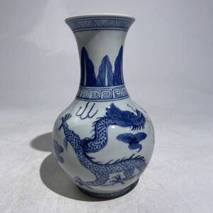 時代　中国美術　染付　青花　龍紋　壺　/　時代物　花器　花瓶　飾壺　煎茶飾　.2213