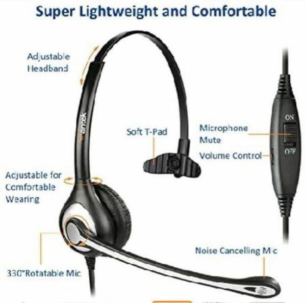 Wantek 電話ヘッドセット RJ9 ノイズキャンセリングマイク付き 固定電話機用ヘッドフォン片耳
