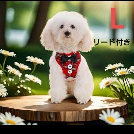 L リボン 赤 チェック ハーネス リード付き 首輪 胴輪 散歩 ペット メッシュ