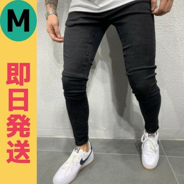 新品 メンズ ストレッチ 細身 デニムパンツ M 韓国 ジーンズ ブラック