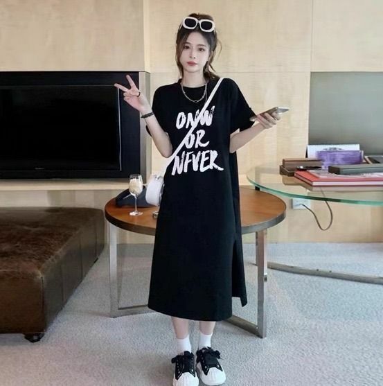 【大人気】女性　Tシャツ　ワンピ　ロゴ　黒　かわいい　韓国　夏　Aライン　XL