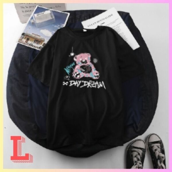 【再入荷】女性　トップス　カットソー　Tシャツ　ロゴ　黒　大きめ　ベア　ピンク