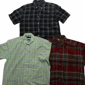 古着卸 まとめ売り トミーヒルフィガー 半袖シャツ 10枚セット L /XL ) チェック柄 ボーダー 無地 黄色 緑 MS7667 1円スタートの画像2