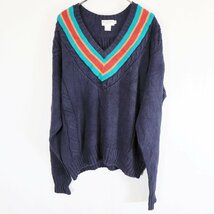 ABERCROMBIE＆FITCH アランニットセーター アメカジ ケーブル編み Vネック ネイビー ( メンズ XL ) N2198 1円スタート_画像1