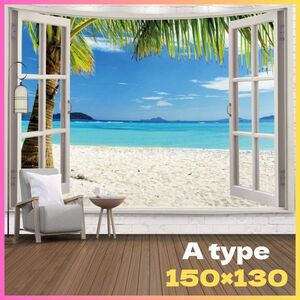 【Aタイプ】リゾート タペストリー 150×130 窓 海 砂浜 風景 南国 風景 布背景 壁 ウォールデコレーション