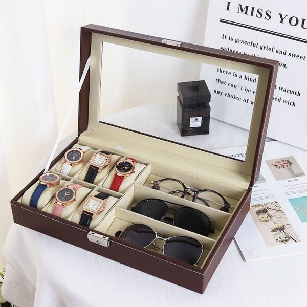 腕時計とメガネを一箱で収納できるコレクションケース　多機能収納　ブラウン