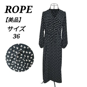 ロペ ROPE 美品 花柄ロングワンピース 長袖 Vネック ロングドレス 黒色 ブラック 総柄 36 Sサイズ相当 レディース