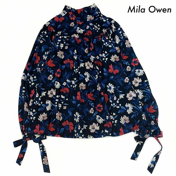 【送料無料】Mila Owen ミラオーウェン★後リボンタートルネックブラウス 花柄 ブルー 青