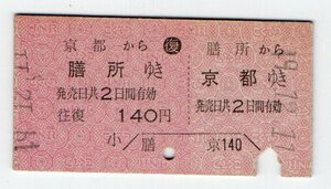 ★国鉄　膳所から京都ゆき　往復乗車券　S４９年★