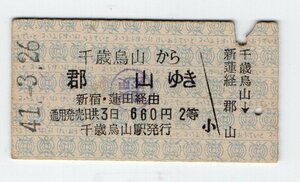 ☆京王　千歳烏山から郡山ゆき　2等　国鉄連絡常備乗車券　S４１年☆