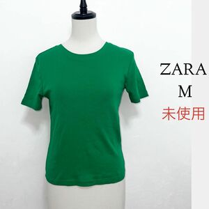 ZARA ザラ 未使用 美品 Tシャツ カットソー 半袖 クルーネック コットン 無地 グリーン
