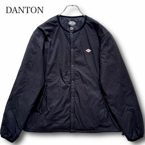 Lサイズ★ DANTON ダントン インサレーション ノーカラージャケット プリマロフト 胸ロゴ ワッペン ナイロン 黒 ブラック
