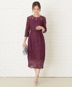 「Lace Ladies」 7分袖ワンピース M ワインレッド レディース