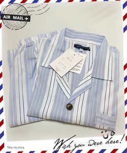  new goods clean comfortable men's pyjamas long sleeve * length pants stripe L size cotton . gentleman for pyjamas 