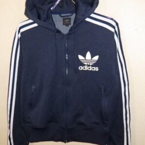 レア!oldadidas ショート丈 トレフォイルロゴプリント パーカ 黒タグ ヴィンテージネイビー メンズXS80's 値下げ!
