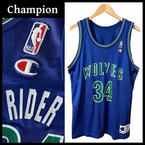 送無 G② 古着屋購入 USA製 Champion チャンピオン NBA Timber wolves ティンバー ウルブズ RIDER 34 ナンバリング ゲーム シャツ 青 L