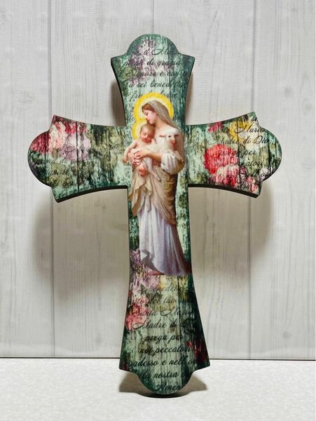イノセンス 聖母マリアと幼子キリスト　板絵十字架　●イタリア製●置物●壁掛け