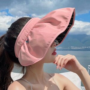 サンバイザー レディース 帽子 日よけ ヘアバンド 紫外線対策 ツバが長い 貝殻形 小顔効果 夏用通気性 快適 折りたたみ -ピンク