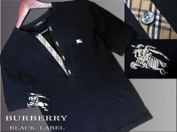 美品！前立ノバチェック　ヘンリーネック　Tシャツ　ナイト刺繍入　サイズM▼バーバリーブラックレーベル BURBERRY BLACK LABEL