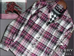 CL済美品！ピンクチェック　長袖シャツ　ナイト刺繍入　サイズM▼バーバリーブラックレーベル BURBERRY BLACK LABEL