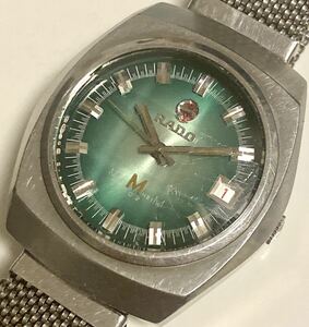 1円〜 N RADO ラドー マンハイム 702 カットガラス グリーンダイヤル メンズ 自動巻き デイト アンティーク 稼動品 腕時計 6227525