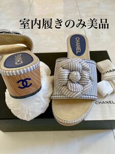 美品 シャネル カメリア CCロゴ 厚底 プラットフォーム サンダル ミュール 36 23cm 箱 取説 リボン付属 CHANEL