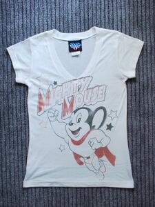 中古・ジャンクフード・アメリカ製・Mighty Mouseマイティマウス・Vネック半袖Tシャツ・Mサイズ☆レディース