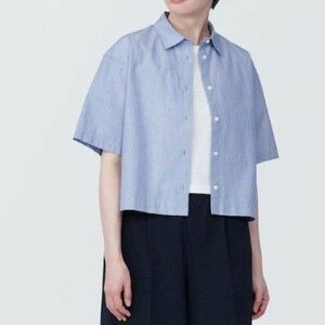 無印良品　MUJI　涼感ブロードレギュラーカラー半袖シャツ　 ブルーストライプ　婦人　XL