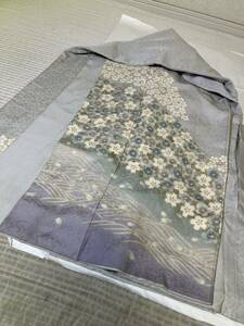 訪問着　正絹　金彩　ぼかし　グラデーション　桜　灰色地　着物　和服　和装　着物コーデ　リメイク　染め替え　生地　衣装　百貨店　高級