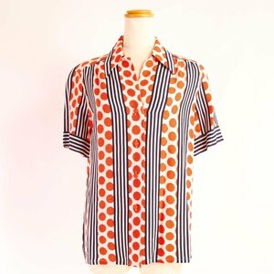 1 jpy # beautiful goods # Christian Dior # collar attaching short sleeves shirt dot stripe total pattern M size tops Western-style clothes lady's EEM Z13-6