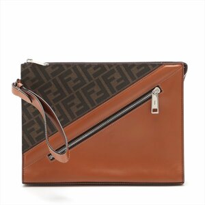 1 jpy # ultimate beautiful goods # Fendi # Zucca 7VA491 second bag clutch document pouch commuting business leather original leather Brown men's MMM Q21-4