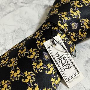 1 jpy tag equipped Gianni Versace Gianni Versace brand necktie silk 100% hard-to-find mete.-sa silk check pattern black yellow color 