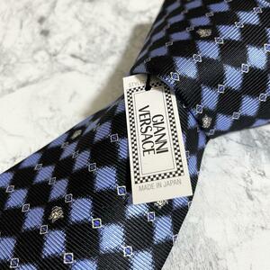 1 jpy tag equipped ultra rare VERSACE Versace brand necktie silk 100% hard-to-find mete.-sa black blue check pattern 