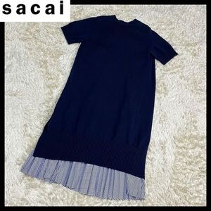 極美品 サカイ SACAI ニットドッキングワンピース 半袖 ひざ丈 ストライプ柄シャツワンピース ネイビー プリーツ S 36 綿 コットン 