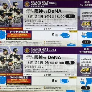 6/21(金)阪神 vs DeNA 甲子園 外野指定席ライト側 9段 2枚連番